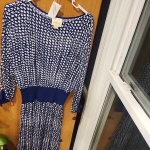 Women's Blue and White Patterned Midi Dress